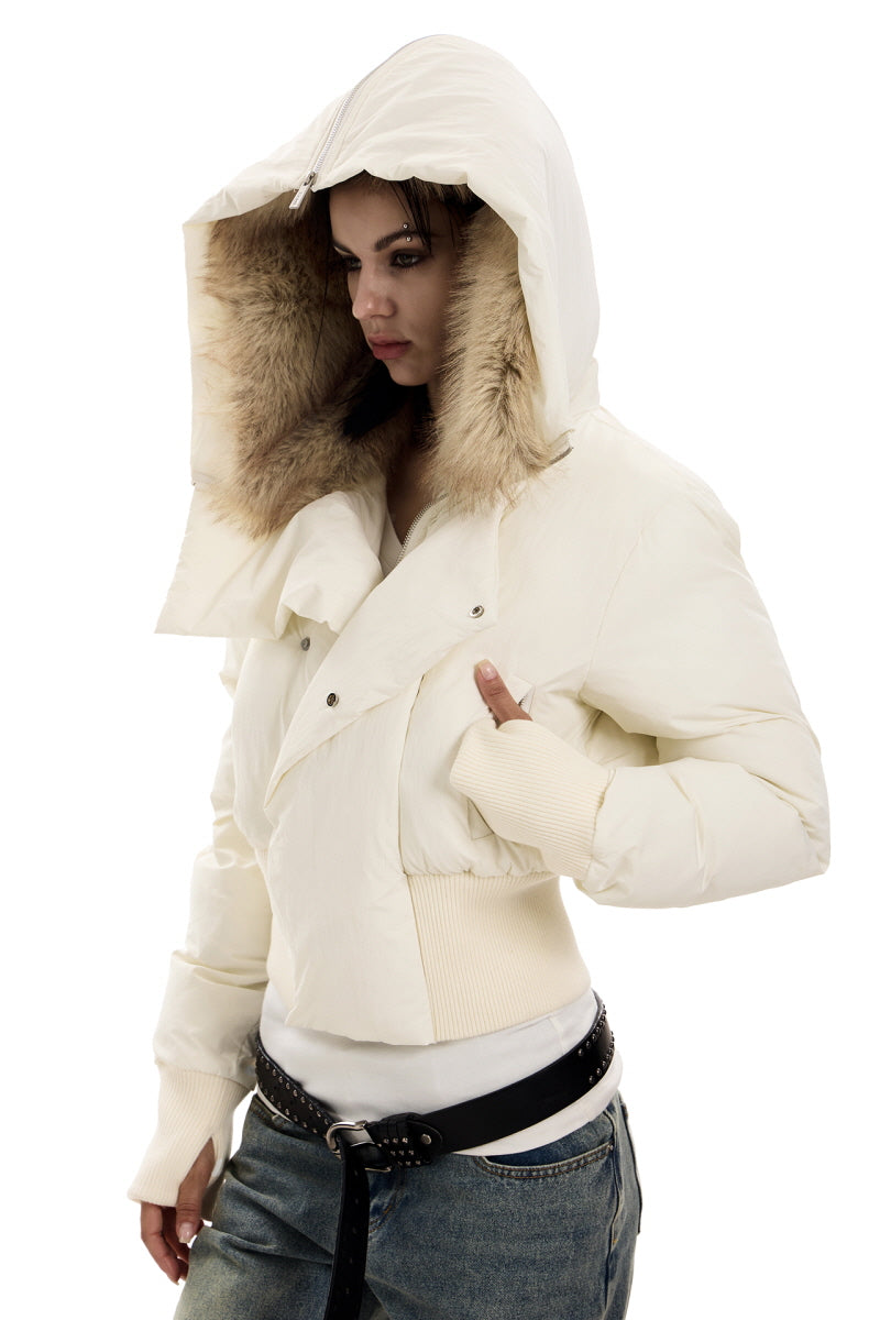 Ivory Frost Fur-Hooded Puffer Jacket