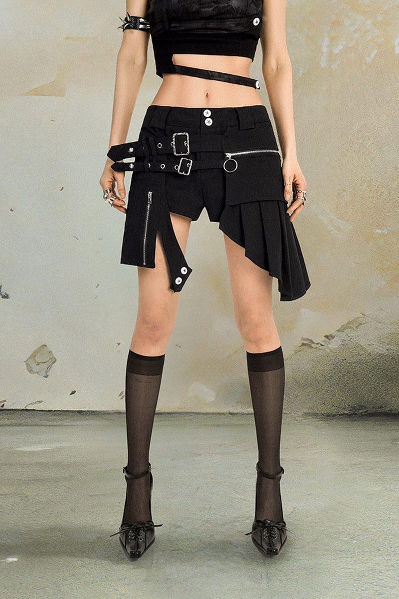 Asymmetric Strap-On Pleated Shorts