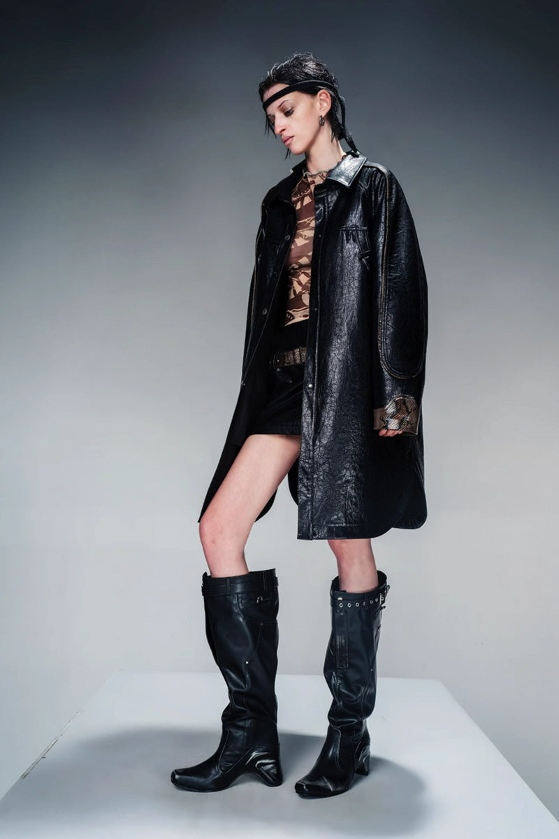 Snakeskin Shadow Oversized Leather Jacket - Black