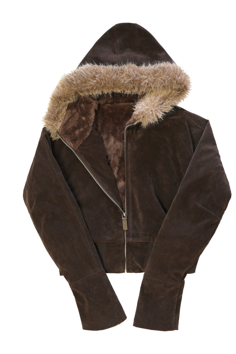 Faux Fur Trimmed Cropped Suede Hoodie