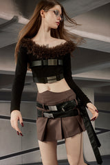 Belted Fur Trim Knit Top