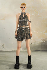 Buckle Trace Halterneck Top + Distressed Buckle Pleated Mini Skirt SET