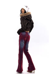 Faux Fur Trimmed Cropped Suede Hoodie