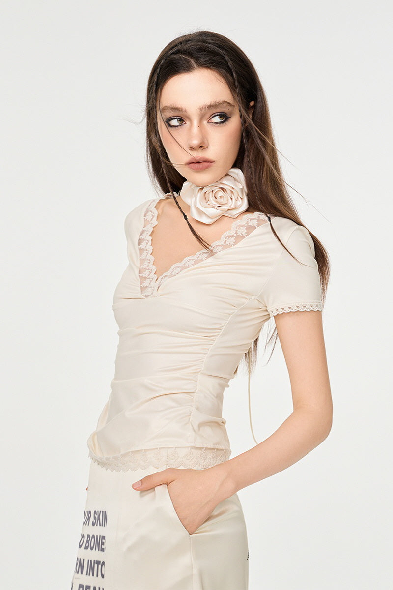 Lace Reverie Ruched V-Neck Top