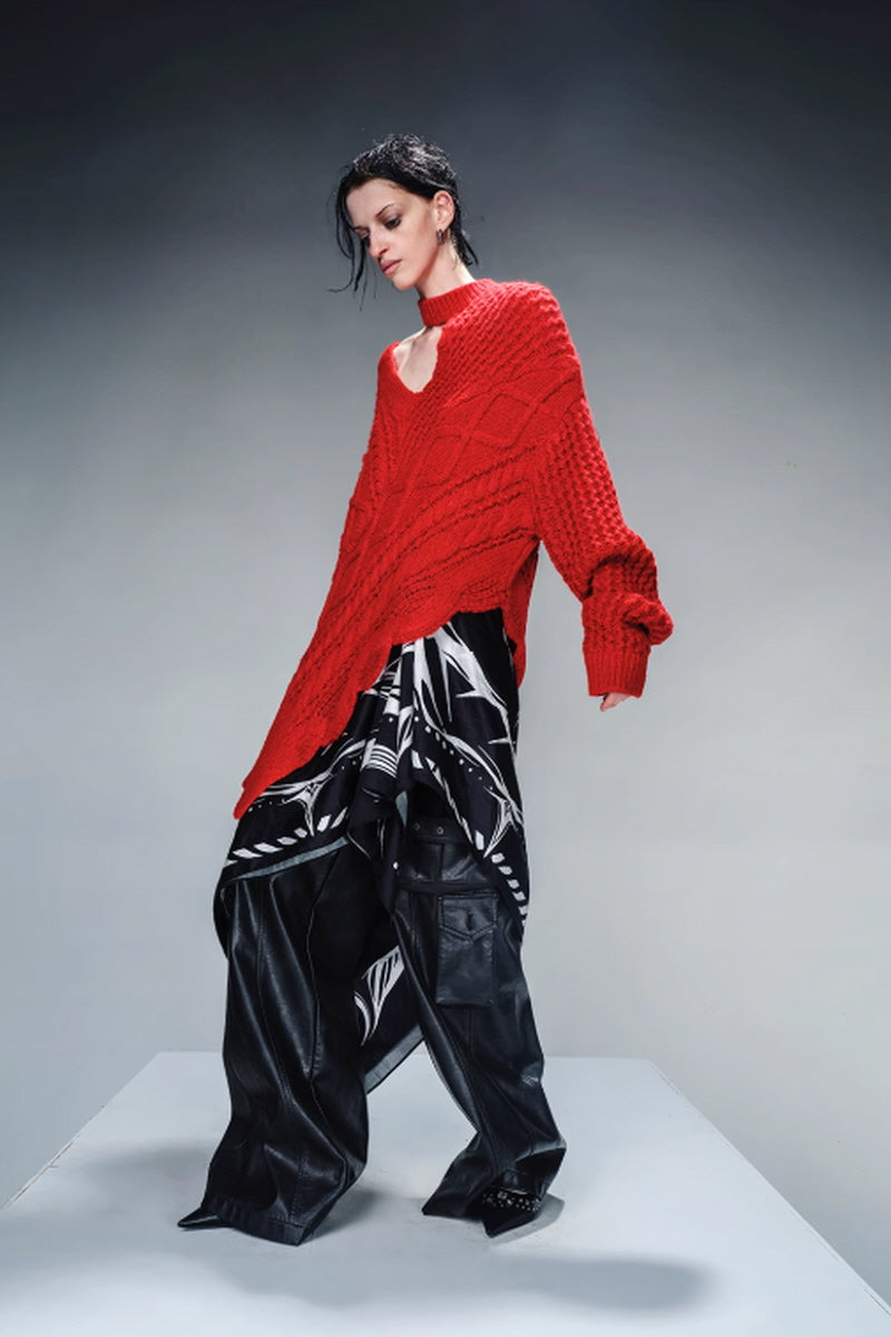 Asymmetrical Cozy Drape Knit Pullover-Red