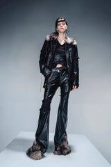 Raw Edge Layered Leather Pants with Detachable Fur Accents-Black