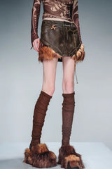 Boundary Shift Fur-Trimmed Leather Skirt-Brown