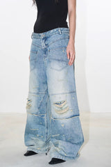 Dual-Layer Distressed Washed Wide-Leg Jeans