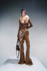 Velvet Whisper Layered Bootcut Pants (Including Silk Scarf) - Brown