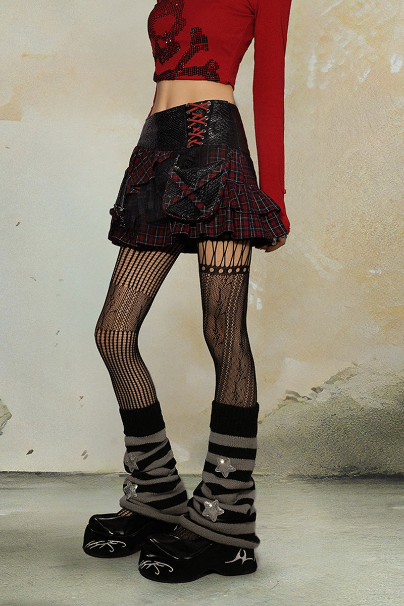 Dual Plaid Patchwork Leather Mini Skirt