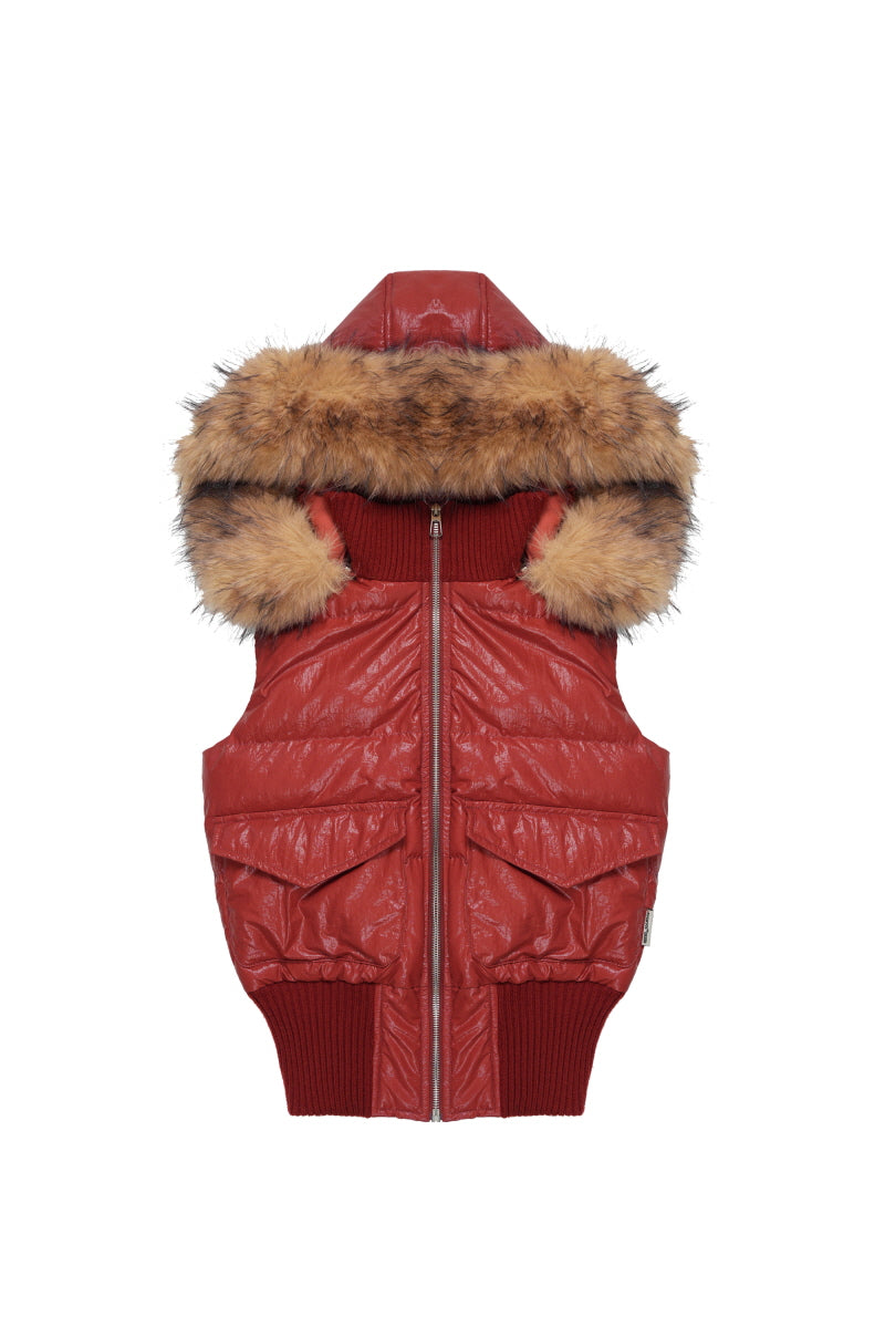 Crimson Chill Detachable Fur Hooded Vest