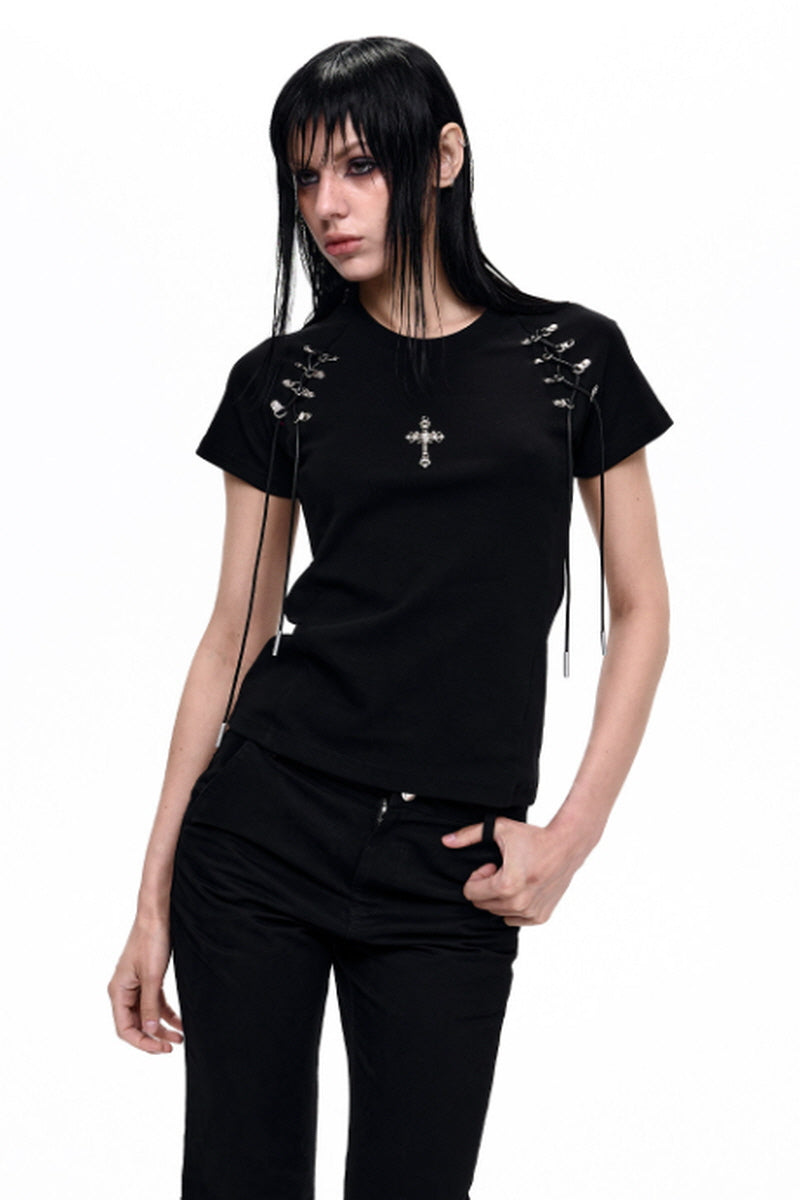 Cross Lace-Up Slim T-Shirt