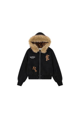 Leopard Cross Faux-Fur Hooded Bomber - Black