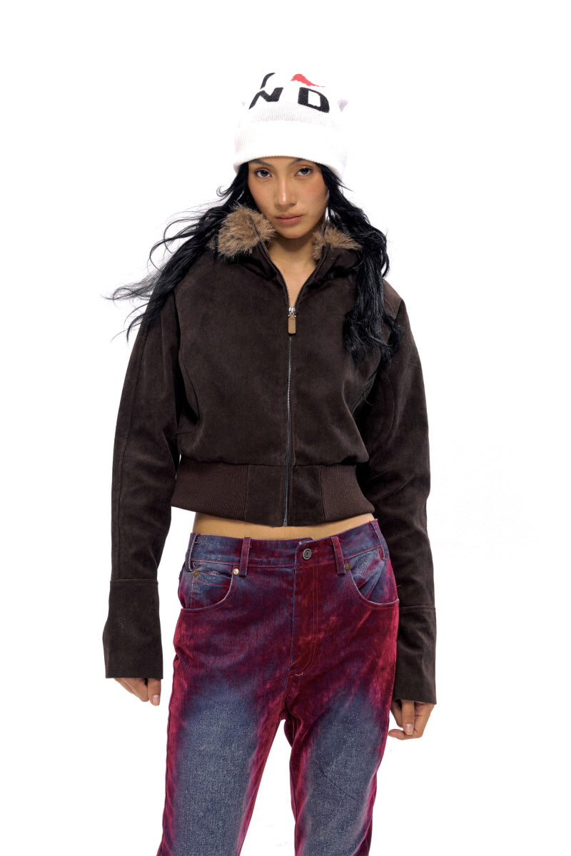 Faux Fur Trimmed Cropped Suede Hoodie