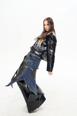 Raw Riot Denim-Panel Cropped Leather Jacket - Black