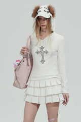 Rhinestone Cross Hooded Slim Top - White