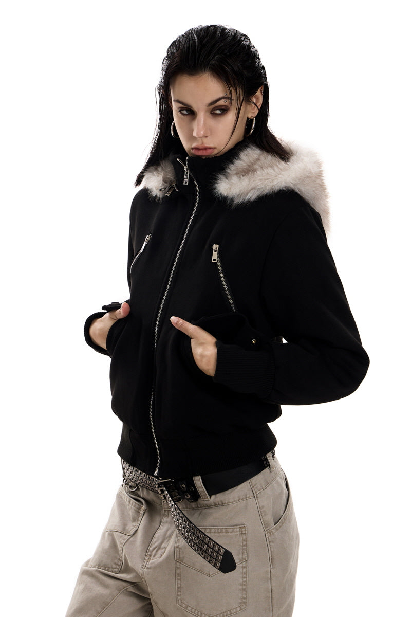 Urban Edge Fur-Trim Short Jacket - Black