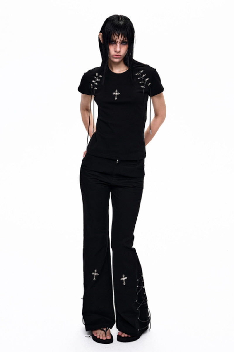 Cross Lace-Up Slim T-Shirt
