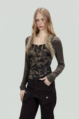 Fur Trim Camo Slim Top