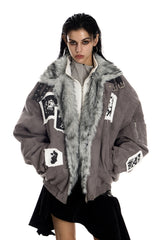 Shadow Patch Fur-Collar Warm Jacket - Gray