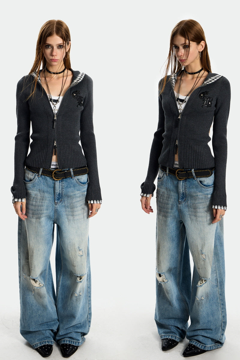 Plaid Edge Knit Zip Hoodie