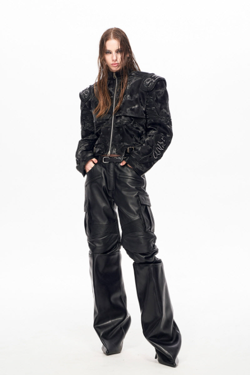 Obsidian Edge Cropped Biker Leather Jacket - Black