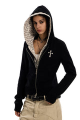 Leopard Lined Cross Zip Hoodie