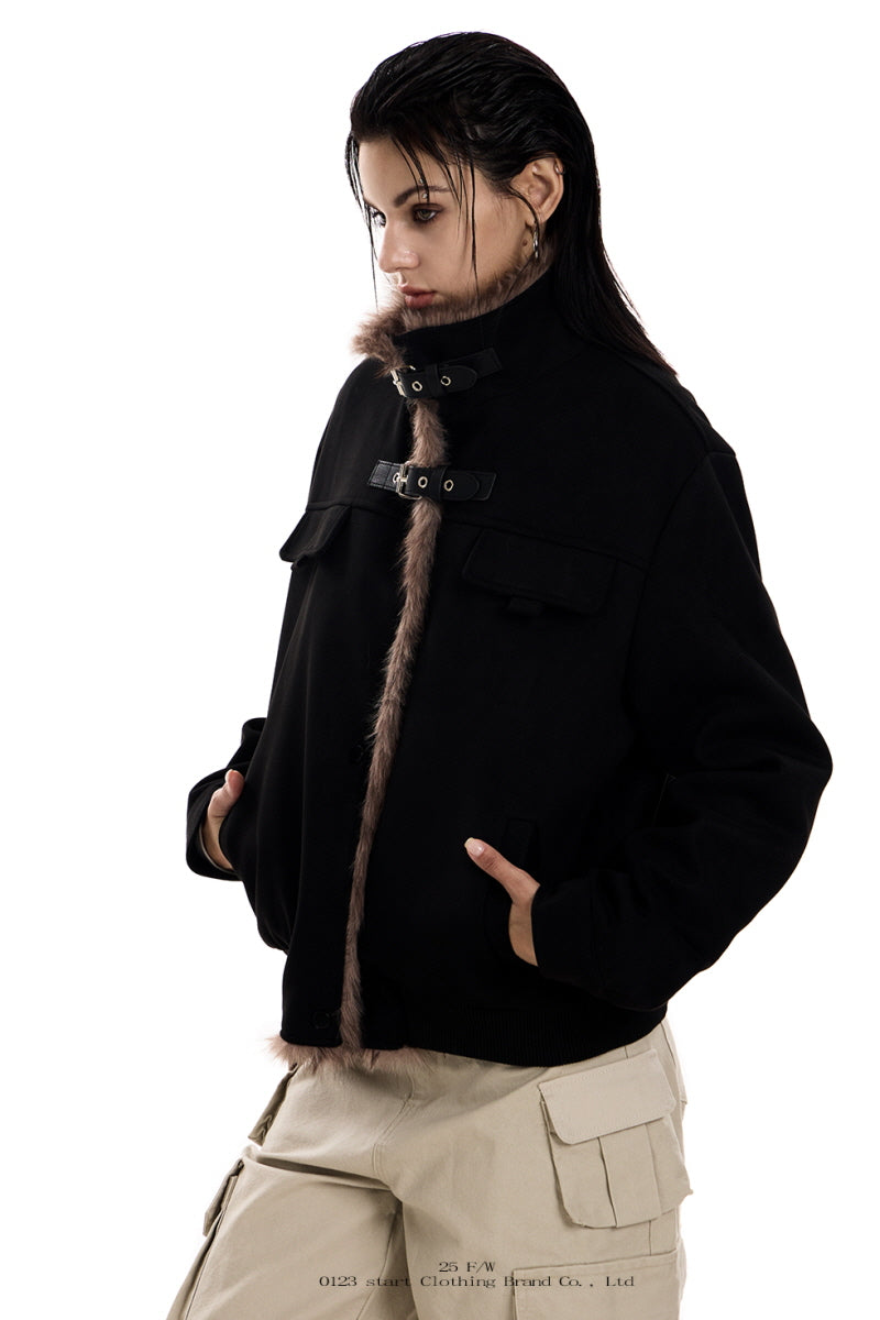 Faux Suede Buckled Fur Collar Jacket - Black