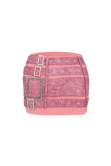 Multi-Buckle Distressed Low-Rise Mini Skirt-Pink