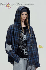 Blue Plaid Hooded Shirt Jacket