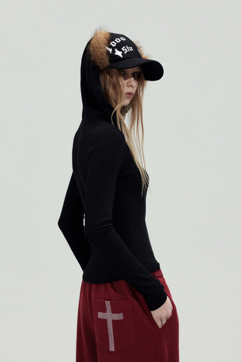 Rhinestone Cross Hooded Slim Top - Black
