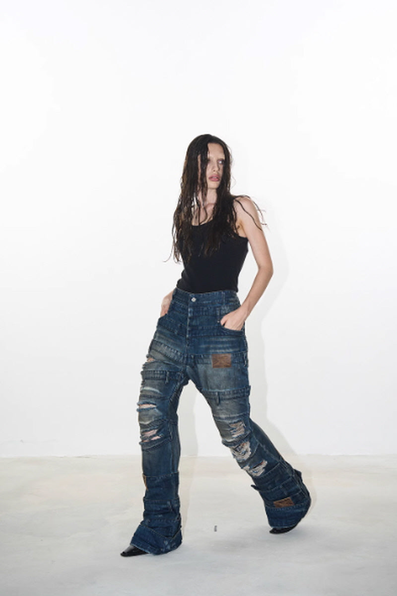 Multi-Band Distressed Bootcut Denim Pants