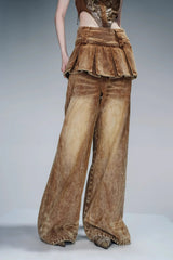 Pleated Overlayer Denim Wide-Leg Pants-Brown