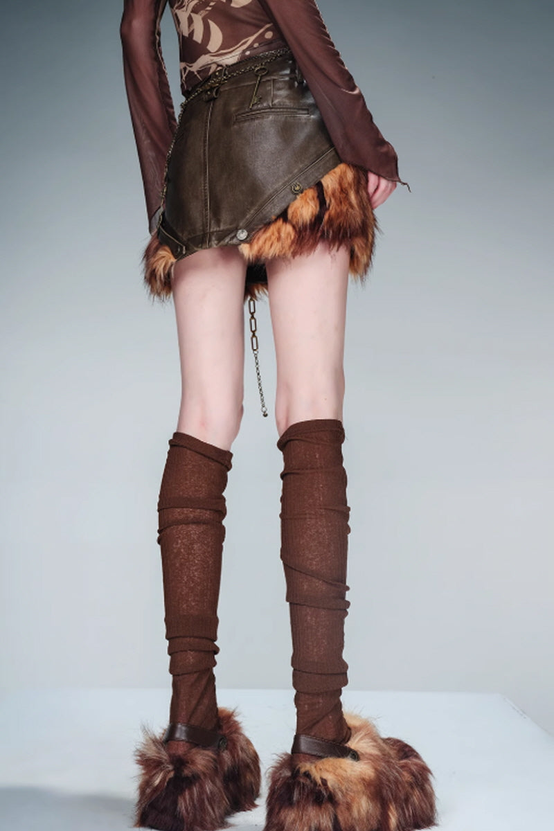 Boundary Shift Fur-Trimmed Leather Skirt-Brown