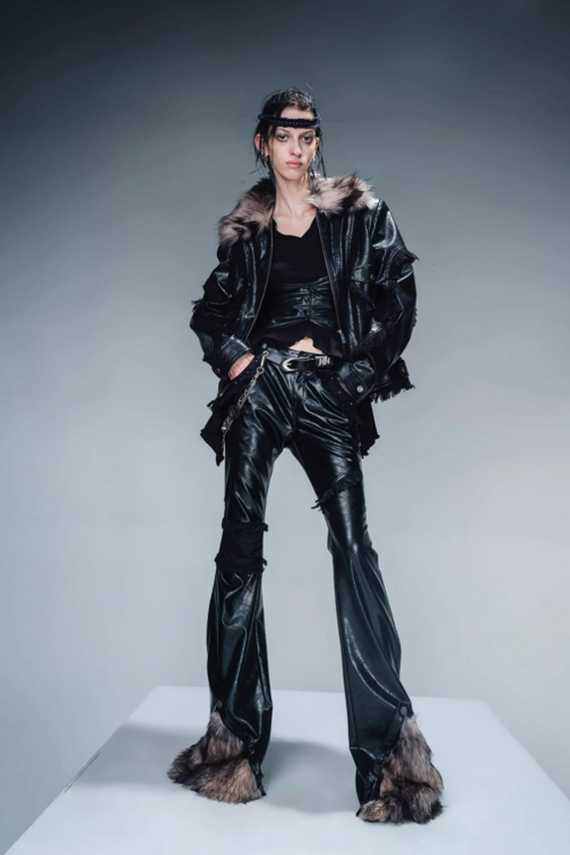 Raw Edge Layered Leather Pants with Detachable Fur Accents-Black