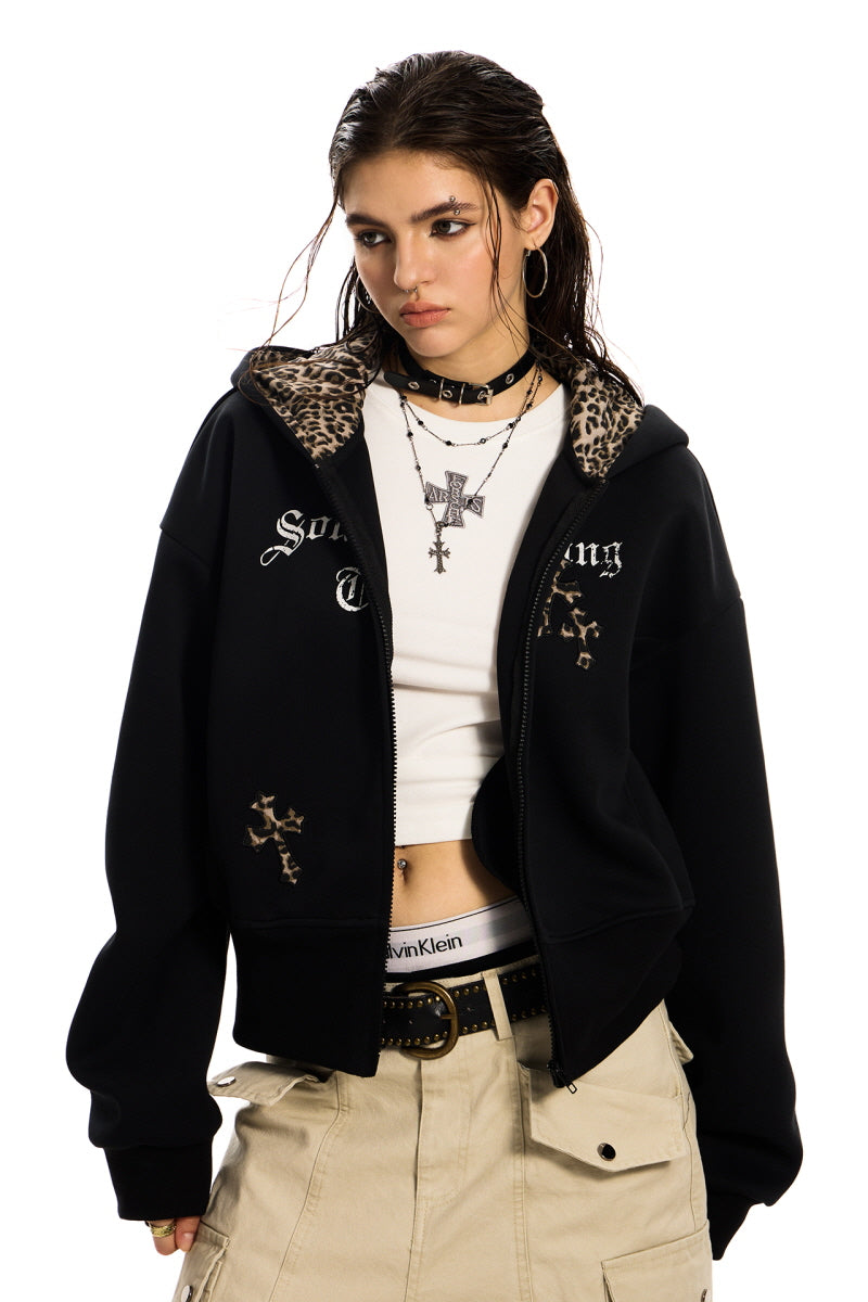 Leopard Crest Cropped Hoodie - Black