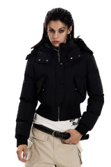 Frostbound Cropped Fur-Hood Jacket - Black