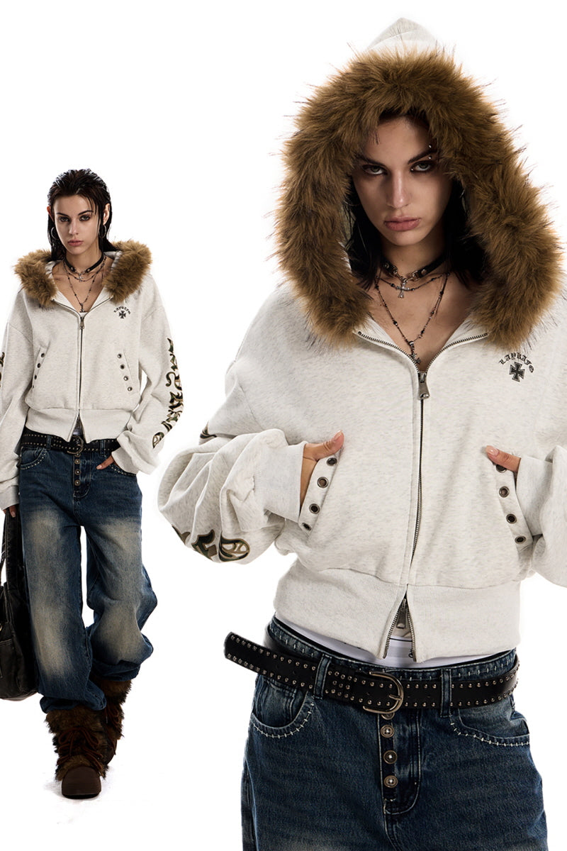 Fur-Trim Rebel Crop Hoodie -Gray