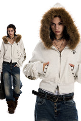 Fur-Trim Rebel Crop Hoodie -Gray