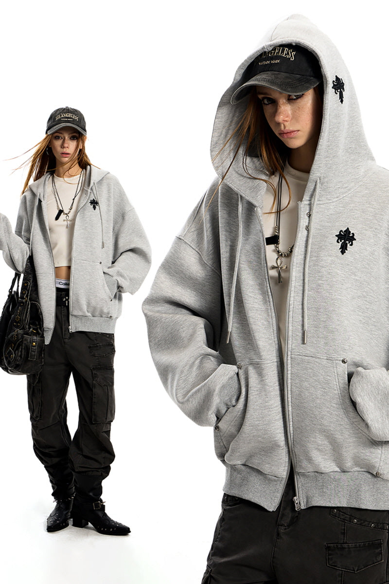 Cross Emblem Oversize Hoodie - Gray