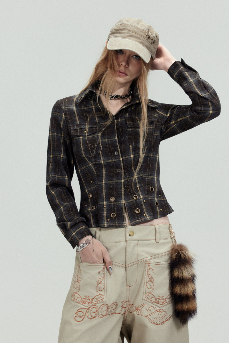 Dark Plaid Cropped Slim Shirt