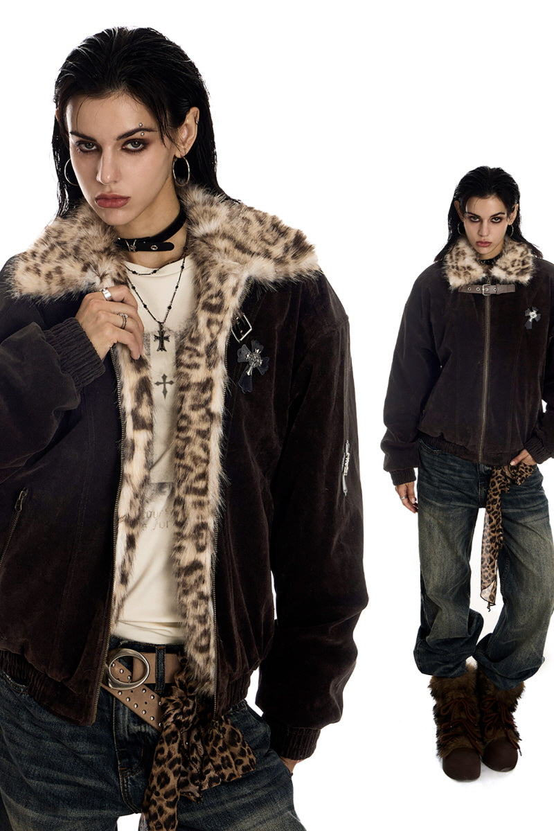 Leopard Lined Suede Bomber Jacket
