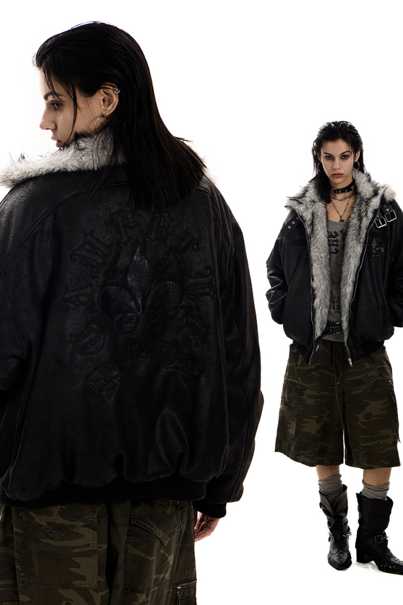 Shadow Crest Faux-Fur Suede Bomber Jacket - Black