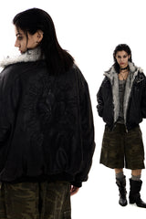 Shadow Crest Faux-Fur Suede Bomber Jacket - Black