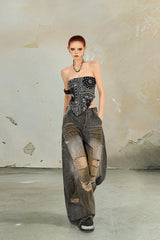 Burned Edge Distressed Wide-Leg Jeans
