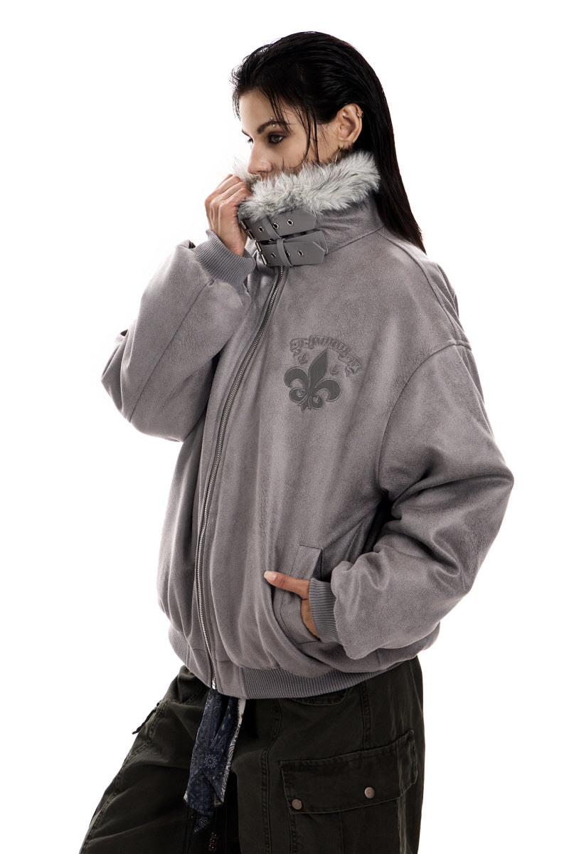 Shadow Crest Faux-Fur Suede Bomber Jacket - Gray