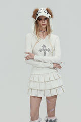 Rhinestone Cross Hooded Slim Top - White