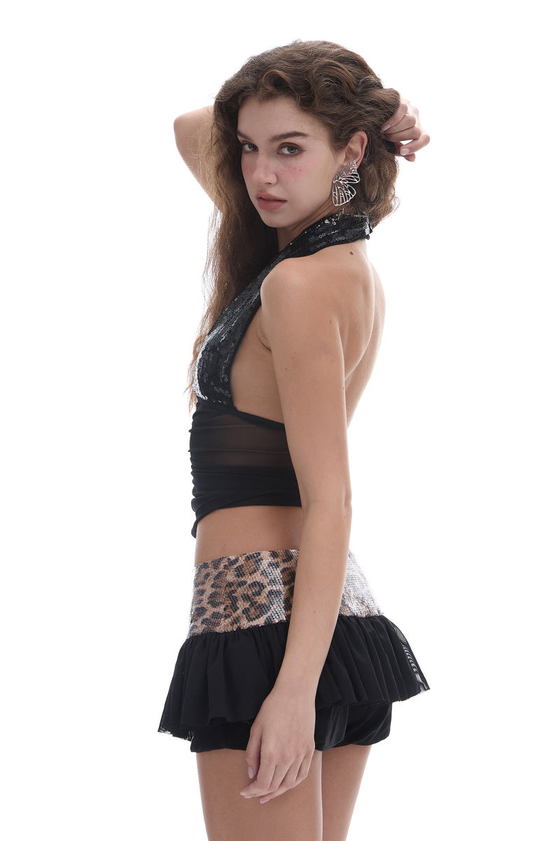 Midnight Sequin Halter Mesh Top