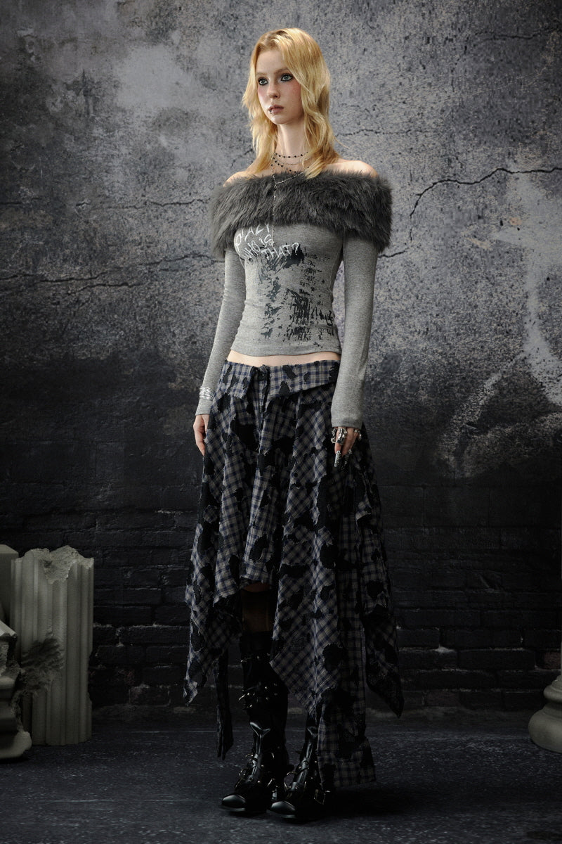 Fur Trim Off-Shoulder Top - Gray
