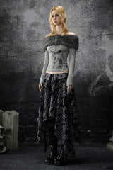 Fur Trim Off-Shoulder Top - Gray